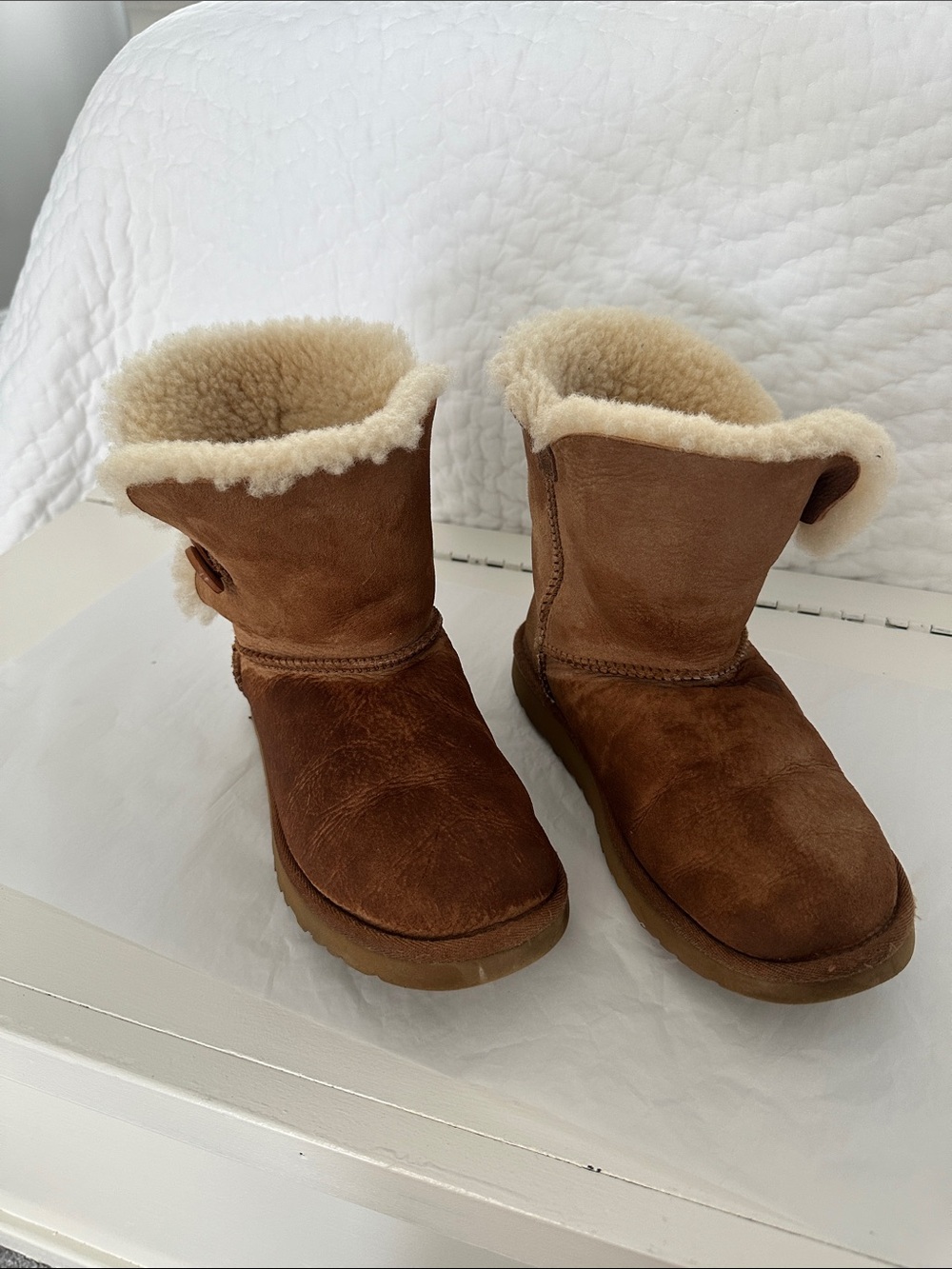 UGG Chestnut Suede Kids Button-Accent Boots with Cream Shearling